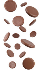 Multiple milk chocolate buttons falling on transparent background