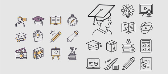 E-Learning icons set. Containing e-book, audio course, streaming, education, school, certificate and more solid icons collection. Vector illustration. For website design, logo, app, template, ui, etc.