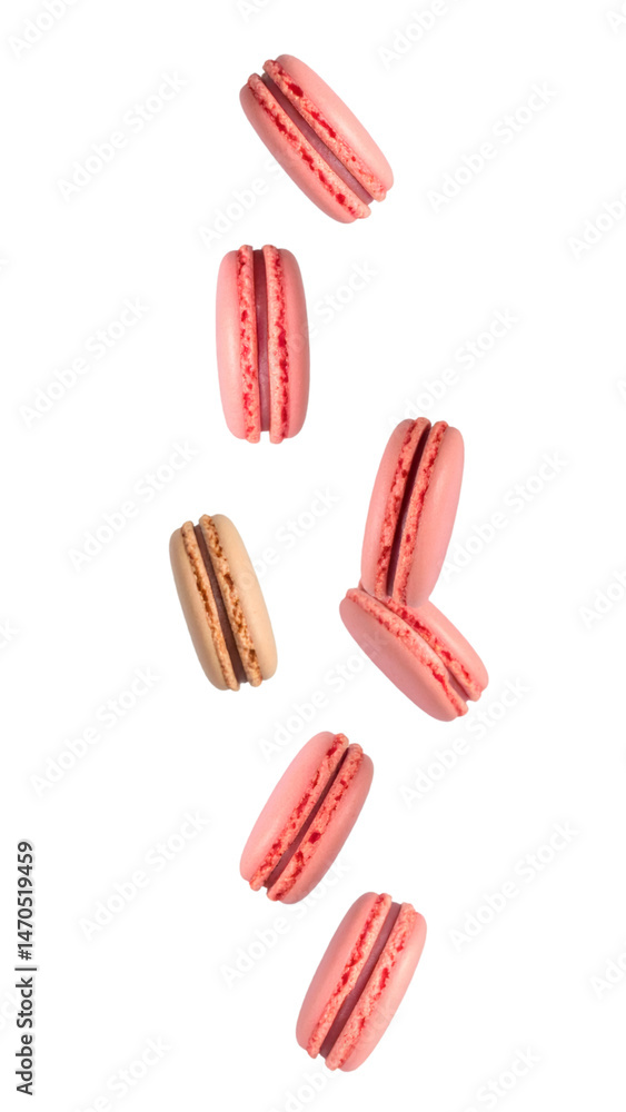 Poster multiple mini macarons falling down on transparent background