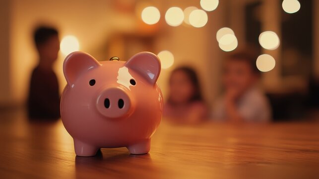 Close-up view of a charming pink piggy bank on a wooden dining table, nestled in a warm home environment filled with family joy and savings potential