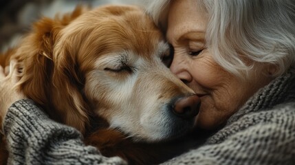 Heartfelt companionship between a senior woman and her devoted dog in a cozy embrace, showcasing a moment of pure affection and tranquility