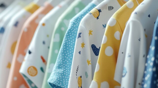 Colorful cotton kidswear showcasing playful prints, neatly arranged in a bright display that evokes joy and creativity for young children