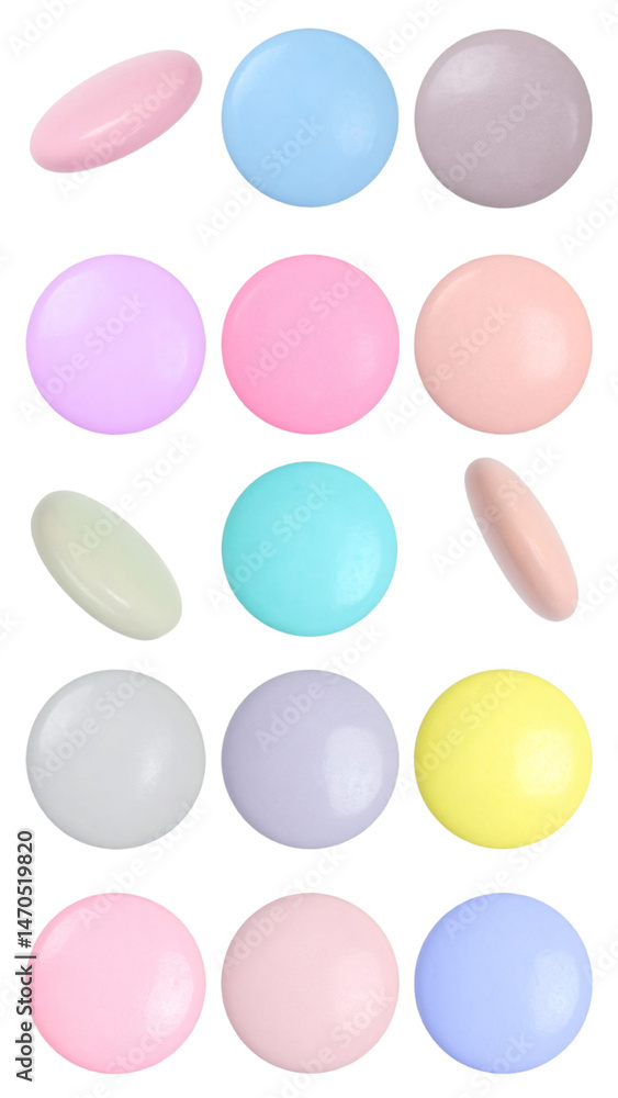 Poster multiple pastel baking dots levitating with realistic texture and natural light on a transparent bac