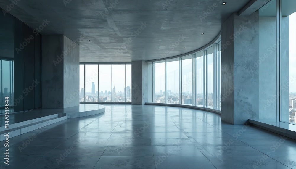 Poster futuristic glass architecture interior with empty concrete floor, cityscape view through panoramic w