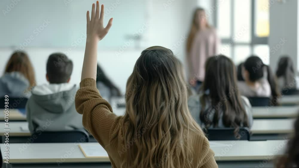 Aufkleber a student is raising their hand in a classroom filled with other students. the students are listenin