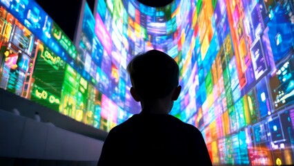Young boy standing mesmerized, gazing at massive curved screen displaying vibrant data visualizations, charts, code snippets, representing cutting edge technological workspace
