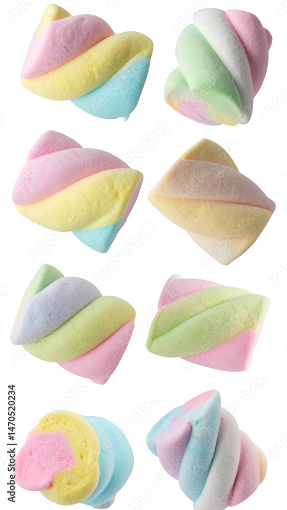 Poster rainbow marshmallows gently twisting on transparent background