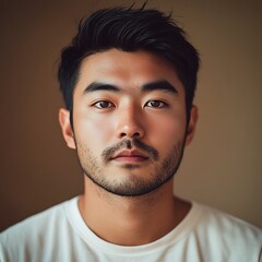 Obraz premium Portrait of an Asian Man with a Short Beard and Dark Hair Looking Directly at the Camera