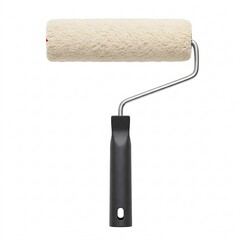 A paint roller with a white, fluffy roller cover and a black handle on a white background.