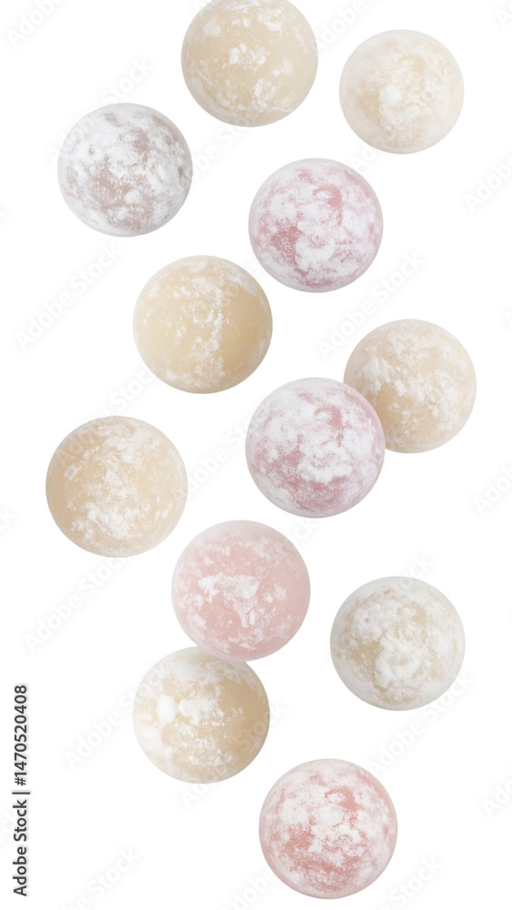 Aufkleber multiple round mochi balls falling down with realistic texture and natural lighting on transparent b