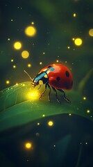 Naklejka premium The Illuminated Ladybug A Macro View of Nature's Tiny Gem in a Mystical Ambiance
