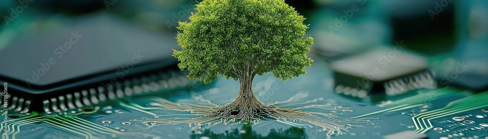 Poster a green tree growing atop a computer circuit board