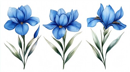Stunning Watercolor Irises - Beautiful Blue Flowers Isolated on White Background