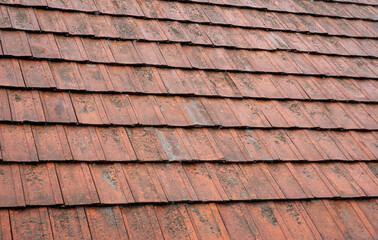 Aged ceramic tile roof with lichen