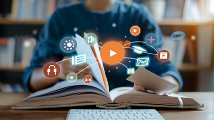 The image showcases a person engaged with an open book, complemented by overlaid digital icons representing diverse online educational resources. Ideal for educational content marketing. - Powered by Adobe