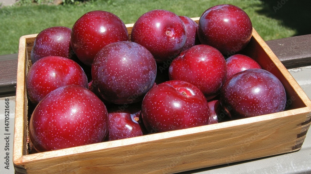 Poster several ripe plums are displayed within a wooden square crate