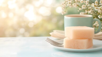 Pink Watermelon Slices on a Light Blue Plate with Tea and Flowers