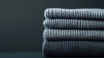 Intricate textures of neatly folded gray sweaters arranged with care against a dark gray backdrop highlighting the soft textile details
