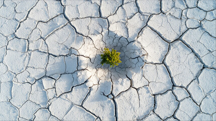 Drone shot of a vast cracked salt flat with a single vibrant green plant growing in the center, symbolizing renewal, hope, and climate recovery. Ai generative.