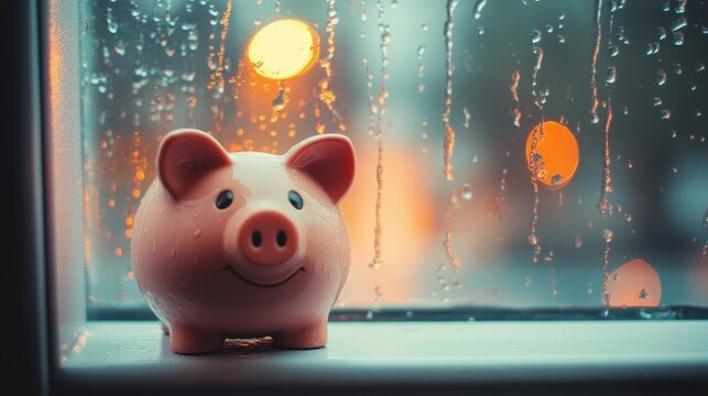 Cozy moments captured with a smiling piggy bank on a rainy windowsill, evoking warmth and the essence of saving for unexpected times