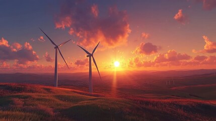 Stunning sunset illuminates a serene wind farm nestled in rolling hills, showcasing the beauty of sustainable energy in a panoramic landscape