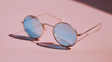 Round sunglasses elegantly positioned on a pastel surface, reflecting light and enhancing minimalistic fashion aesthetics within a serene space