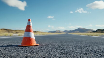 Single bright orange traffic cone stands prominently on a newly paved highway under a radiant blue sky, symbolizing road safety and modern infrastructure