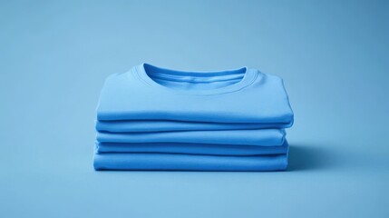 Elegantly stacked light blue t-shirts create a serene and minimalistic aesthetic against a matching blue backdrop, highlighting simplicity in design and color harmony