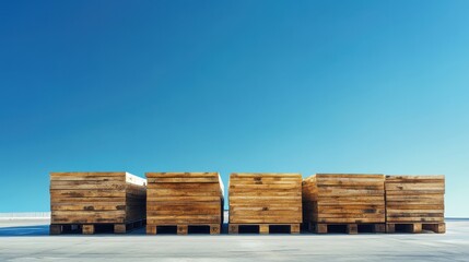 Freshly sawn timber beams neatly stacked on wooden pallets under a clear blue sky in a vibrant industrial yard setting