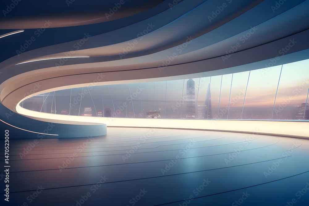 Poster 未来的な白い構造が特徴的な近代建築のインテリア デザイン、都会の背景、建築構造と曲線的な幾何学的デザイン