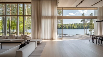 Modern Lake House Living Room with Panoramic View