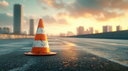 Traffic safety cone marking a construction zone at dusk, highlighting urban infrastructure and the importance of public safety in bustling city life