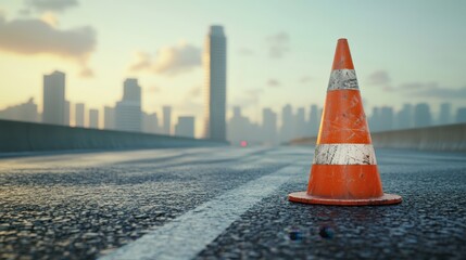 Vibrant orange safety cone stands firmly in a road construction zone, surrounded by gritty asphalt and a softly blurred skyline at sunset, symbolizing safety and regulation