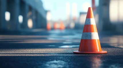 Traffic cone standing proudly on fresh asphalt as early sunlight casts long shadows, highlighting road safety in an industrial setting