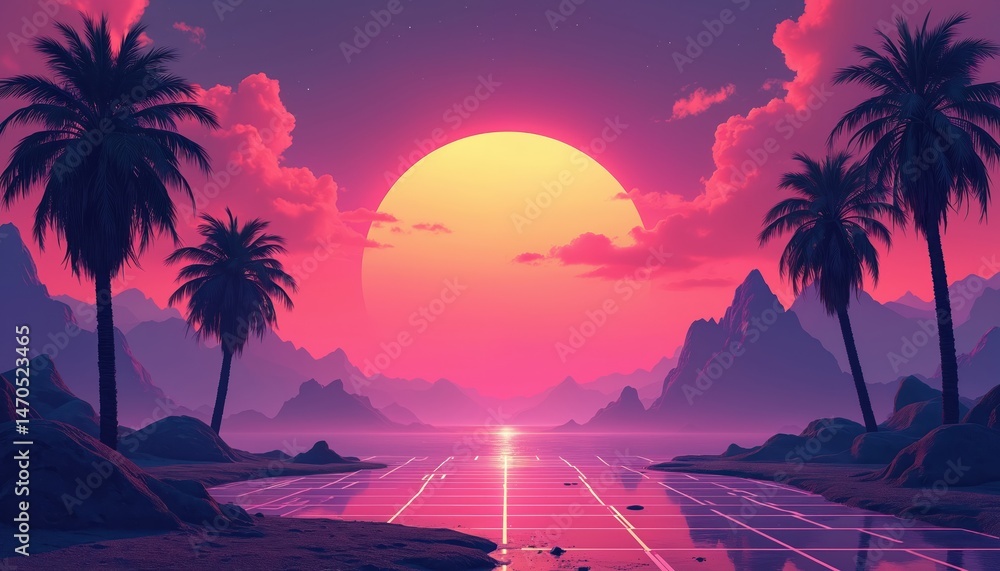 Poster retro 80s illustration. sunset over ocean with palm trees. synthwave style art with god rays. futuri
