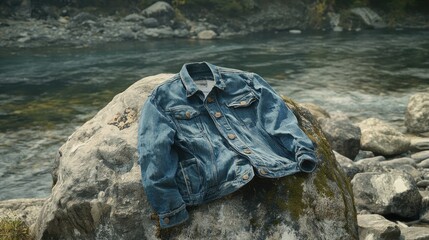 Denim jacket resting elegantly upon a large boulder by the riverbank in a serene natural setting under soft sunlight