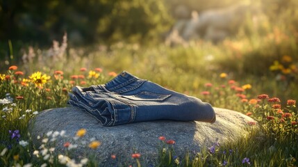 Folded jeans resting on a sunlit rock surrounded by vibrant wildflowers in an expansive field, showcasing nature and fashion harmony