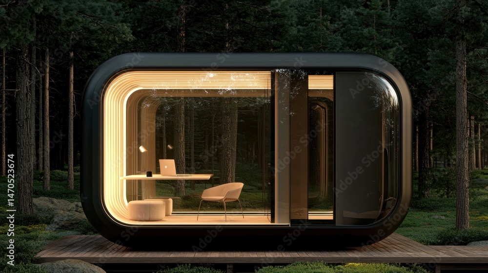 Poster a modern minimalist cabin features a forest view and workspace inside