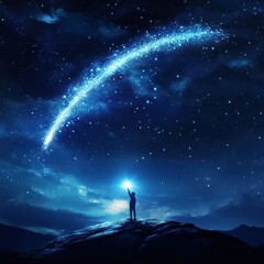 Silhouette of a person on a mountaintop at night, holding a glowing light,  a luminous trail stretching into the starry sky