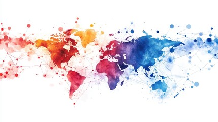 Global Network Connection Watercolor Map - Watercolor world map illustrating global interconnectedness and networking. Vibrant colors and subtle lines depict a connected world
