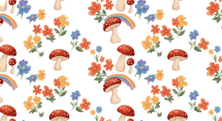 Cute Mushroom Flower Pattern Seamless Background Texture