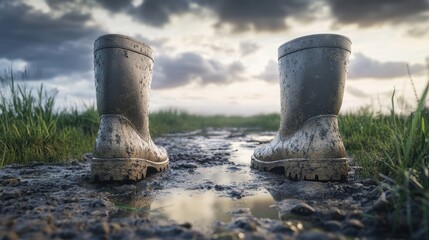 Naklejka premium Exploring the beauty of nature with ultra realistic rain boots on a muddy landscape under a dramatic cloudy sky and shimmering puddles at dawn