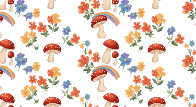 Cute Mushroom Flower Pattern Seamless Background Texture