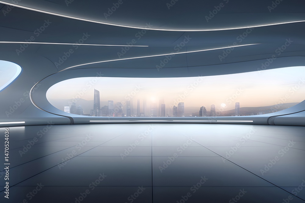 Poster 未来的な白い内装 空の都市景観 パノラマの窓から見えるミニマリスト建築デザイン