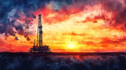 Oil Rig Sunset Landscape - Vibrant sunset over an oil rig, painted in a watercolor . Dramatic clouds and warm colors create a striking