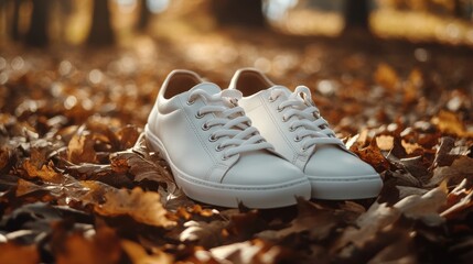 White sneakers resting on a carpet of dry autumn leaves, beautifully illuminated by soft forest light showcasing their intricate details and textures