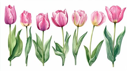Obraz premium Vibrant Watercolor Tulips Set: Floral Botanical Illustration for Creative Projects