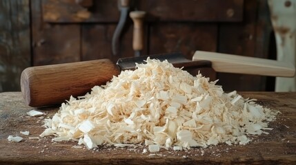 Artisan woodworking in a rustic workshop showcasing wood shavings, chisels, and hand planes capturing the craftsmanship in an inviting atmosphere