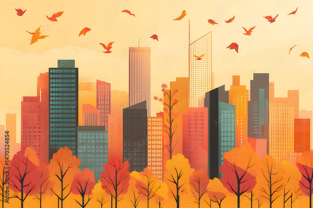 Poster 秋の都市景観 オレンジ色の空と飛ぶ鳥と紅葉の木のシルエット ベクターイラストレーション