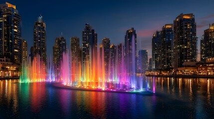 Obraz premium Neon-Lit Fountains Dancing in a City Park: Illuminated Beauty Against the Urban Night Sky